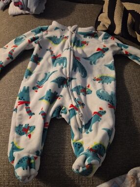 Old Navy White Fleece Footed One-Piece with Teal Dinosaur Print